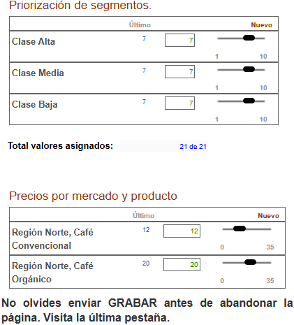 Pantalla de priorización de segmentos y precios