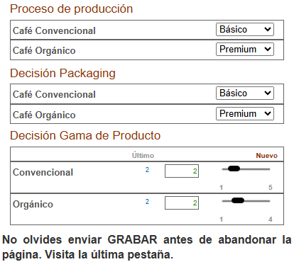 Pantalla de decisiones de producto